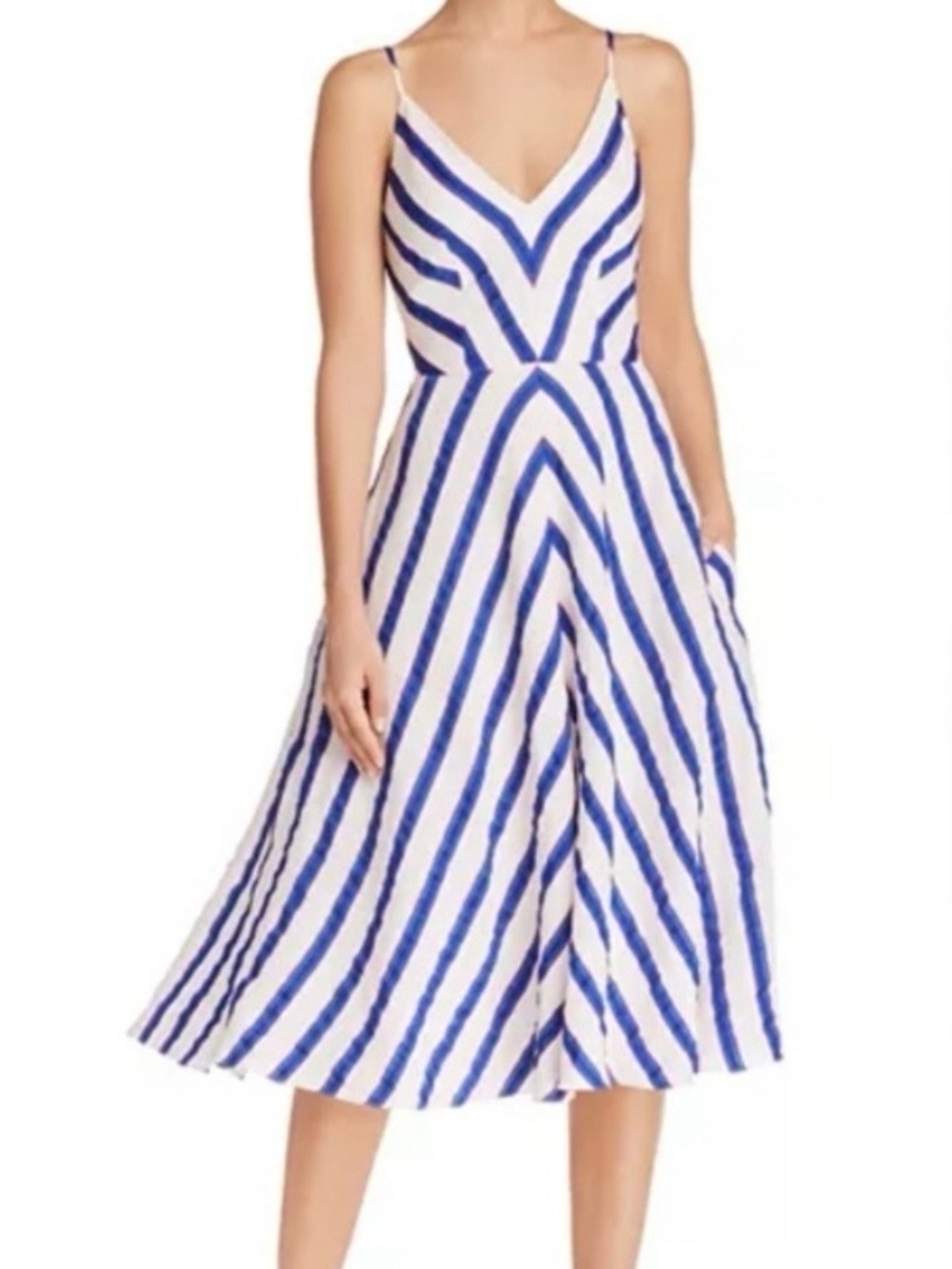 Milly “Monroe” Blue and White Striped V-Neck Midi Dress